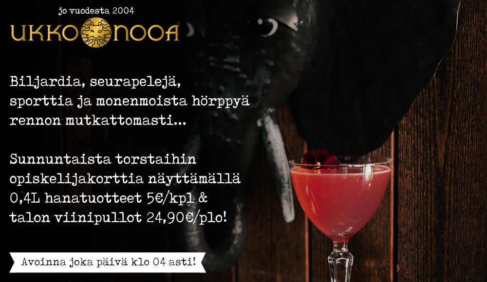 Sunnuntaista torstaihin opiskelijakorttia näyttämällä

0,4L hanatuotteet 5€/kpl & talon viinipullot 24,90€/plo!

UKKO NOOA ON RENNON MUTKATON PUBI TAMPEREEN YTIMESSÄ!
