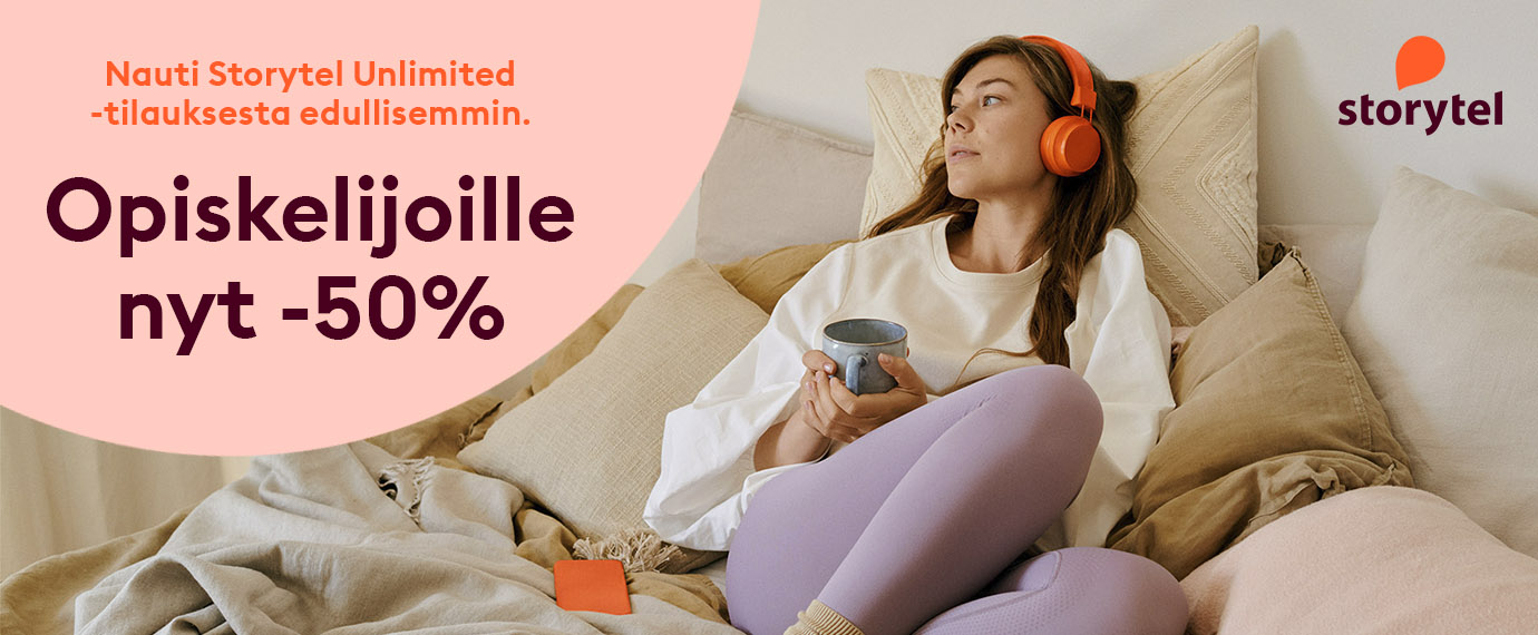 Korkeakouluopiskelijana saat nyt 50% alennuksen Storytel Unlimited -tilauksen kuukausimaksuista. Tämä tarkoittaa, että maksat vain 8,49€/kk