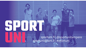 SportUnin logo. Sinisävyinen kuva, jossa taustalla urheilullisia ihmisiä.