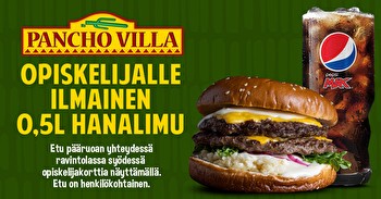 Pancho Villan pääruoan ostajalle limu kaupanpäälle opiskelijakorttia näyttämällä